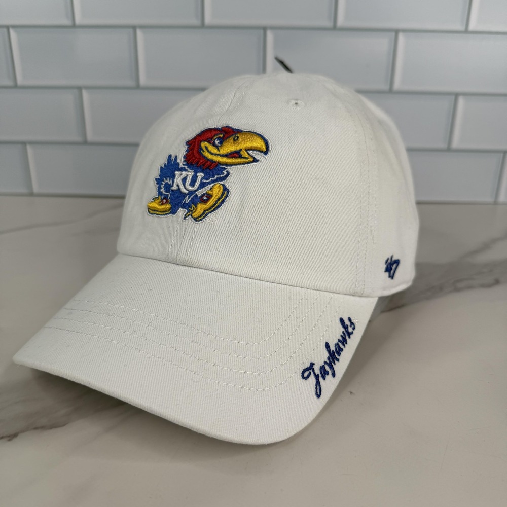 Kansas Jayhawks‎ Hat Cap Strap Back Womens One Size White NCAA 47 Clean Up NWOT